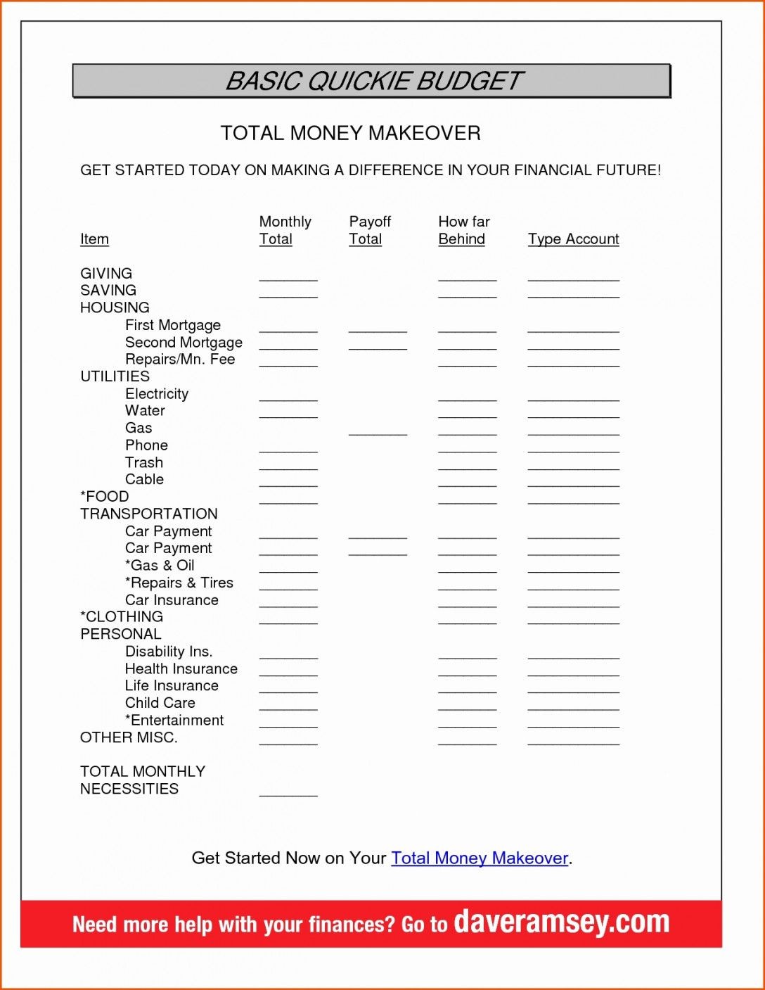 Total Money Makeover Worksheets Lostranquillos Document Dave Ramsey Budget Sheet