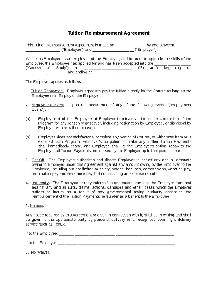 Tuition Reimbursement Agreement Template Document Contract