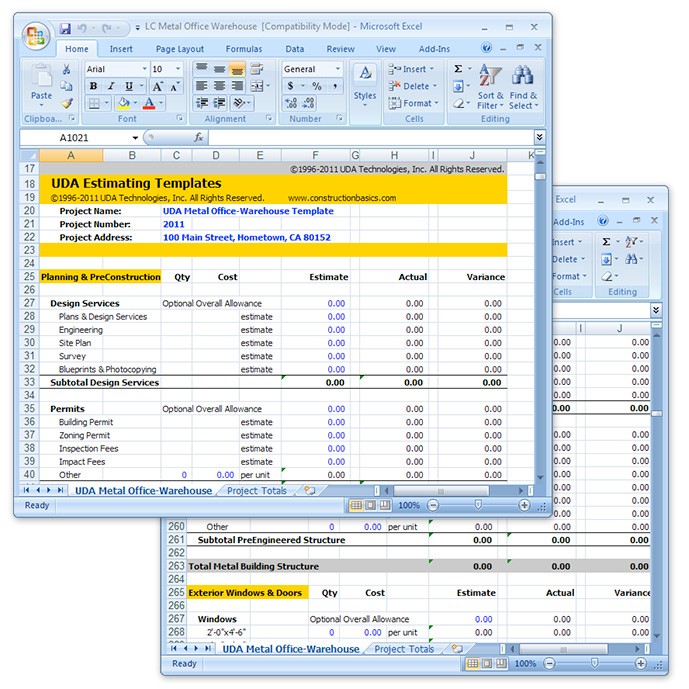UDA Construction Estimating Templates Light Commercial Excel Document Cost Estimate