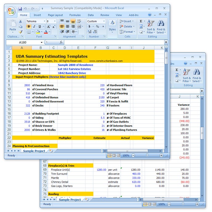 UDA Construction Estimating S Residential Excel Document Spreadsheet