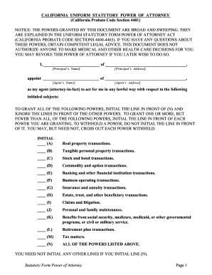 Uniform Statutory Fill Online Printable Fillable Blank PDFfiller Document California Form Power Of