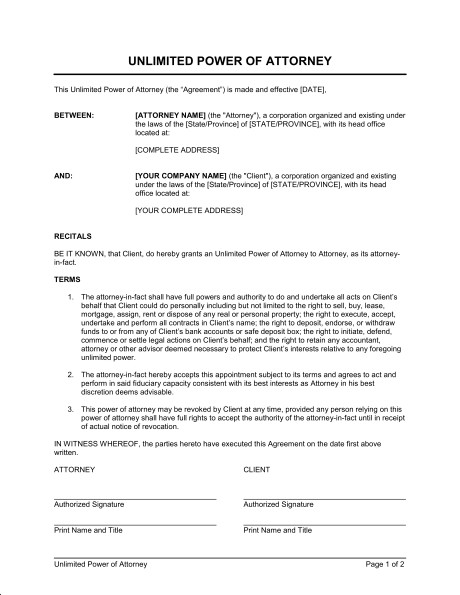 Unlimited Power Of Attorney Template Sample Form Biztree Com Document