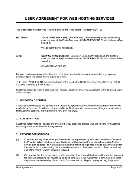 User Agreement For Web Hosting Services Template Sample Form Document Website Contract