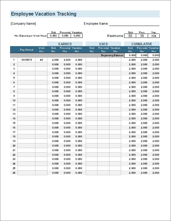 Vacation Accrual And Tracking Template With Sick Leave Document Calculator Excel