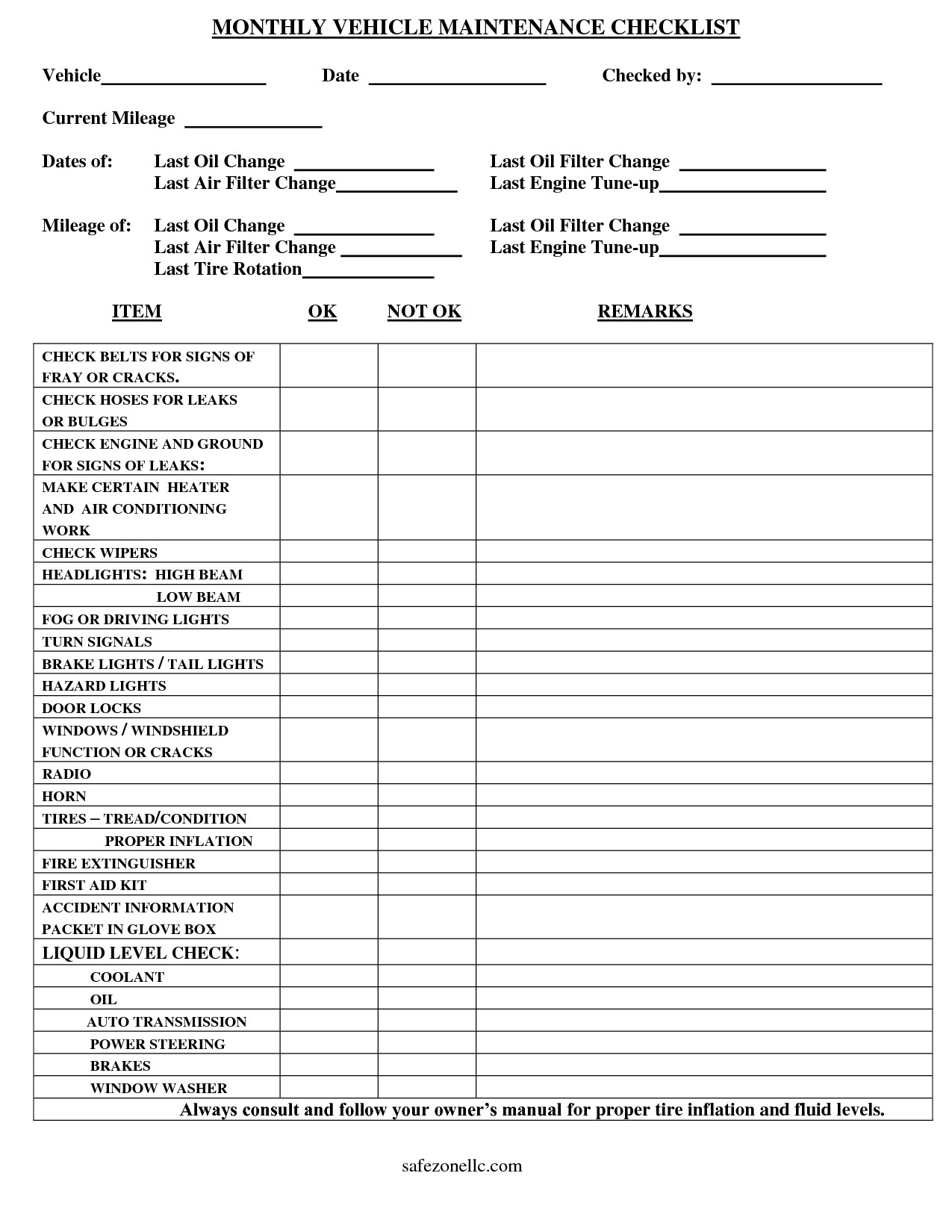 Vehicle Checklist Template MONTHLY VEHICLE MAINTENANCE CHECKLIST Document Maintenance Excel