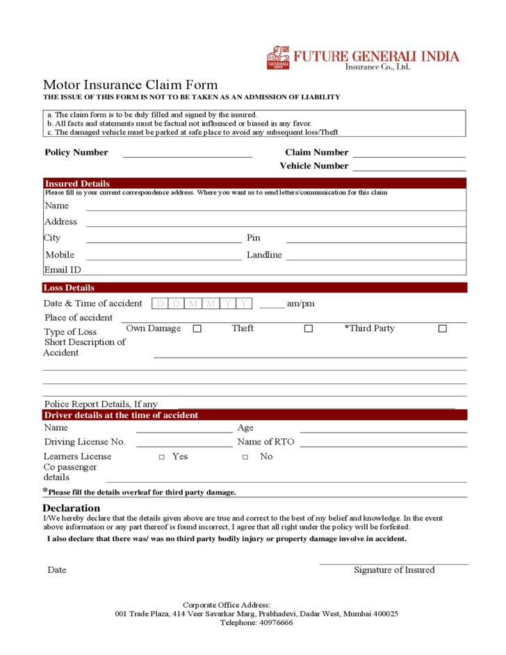 Vehicle Insurance Form Document Auto Claim
