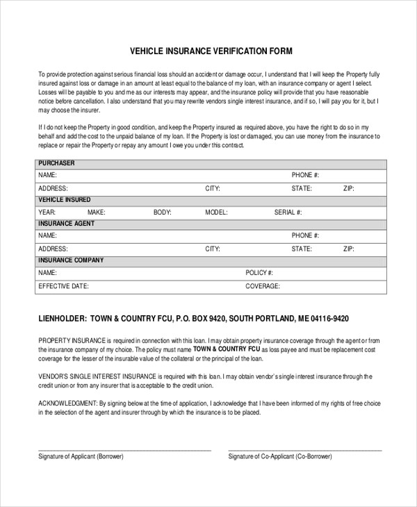 Vehicle Insurance Verification Document Car