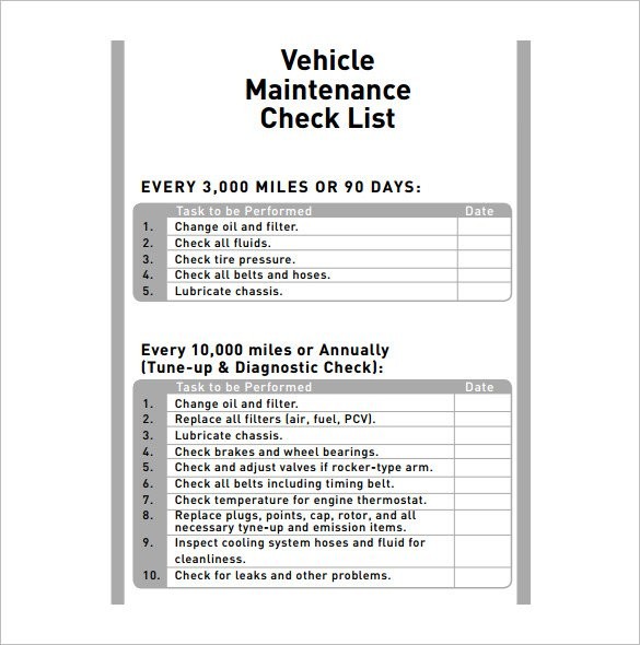 Vehicle Maintenance Schedule Templates 10 Free Word Excel PDF Document Car Checklist