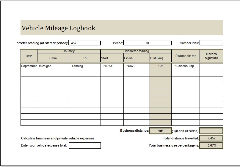 Vehicle Mileage Log Book MS Excel Editable Template Templates Document Car