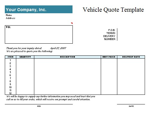Vehicle Quotation Template Quote Document