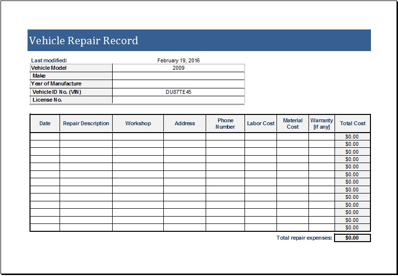 Vehicle Repair Log Template Tier Crewpulse Co Document Book Excel Free