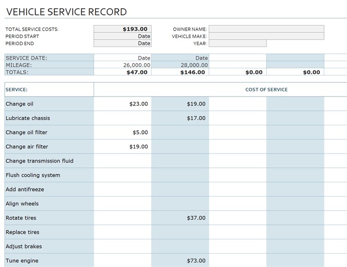 Vehicle Service Record Document Sheet