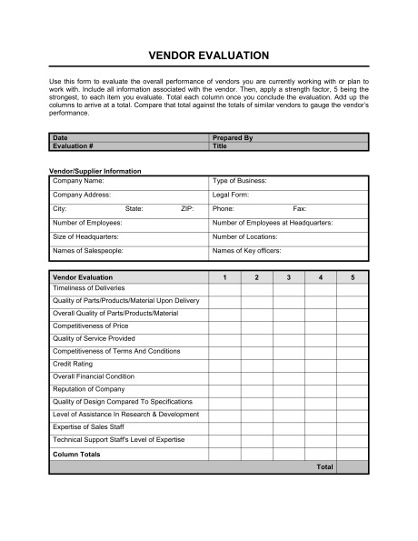 Vendor Evaluation Template Sample Form Biztree Com Document Management