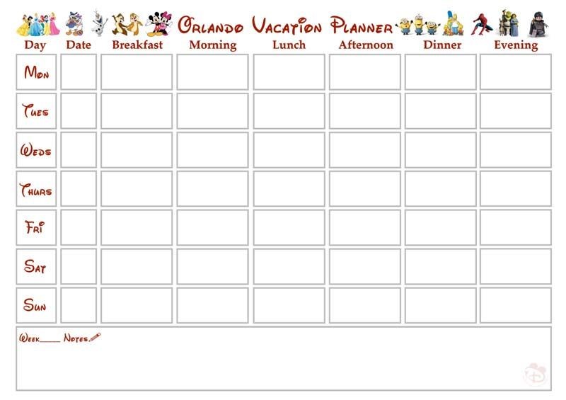 Walt Disney World Orlando Vacation Planner Free Printable Week Document