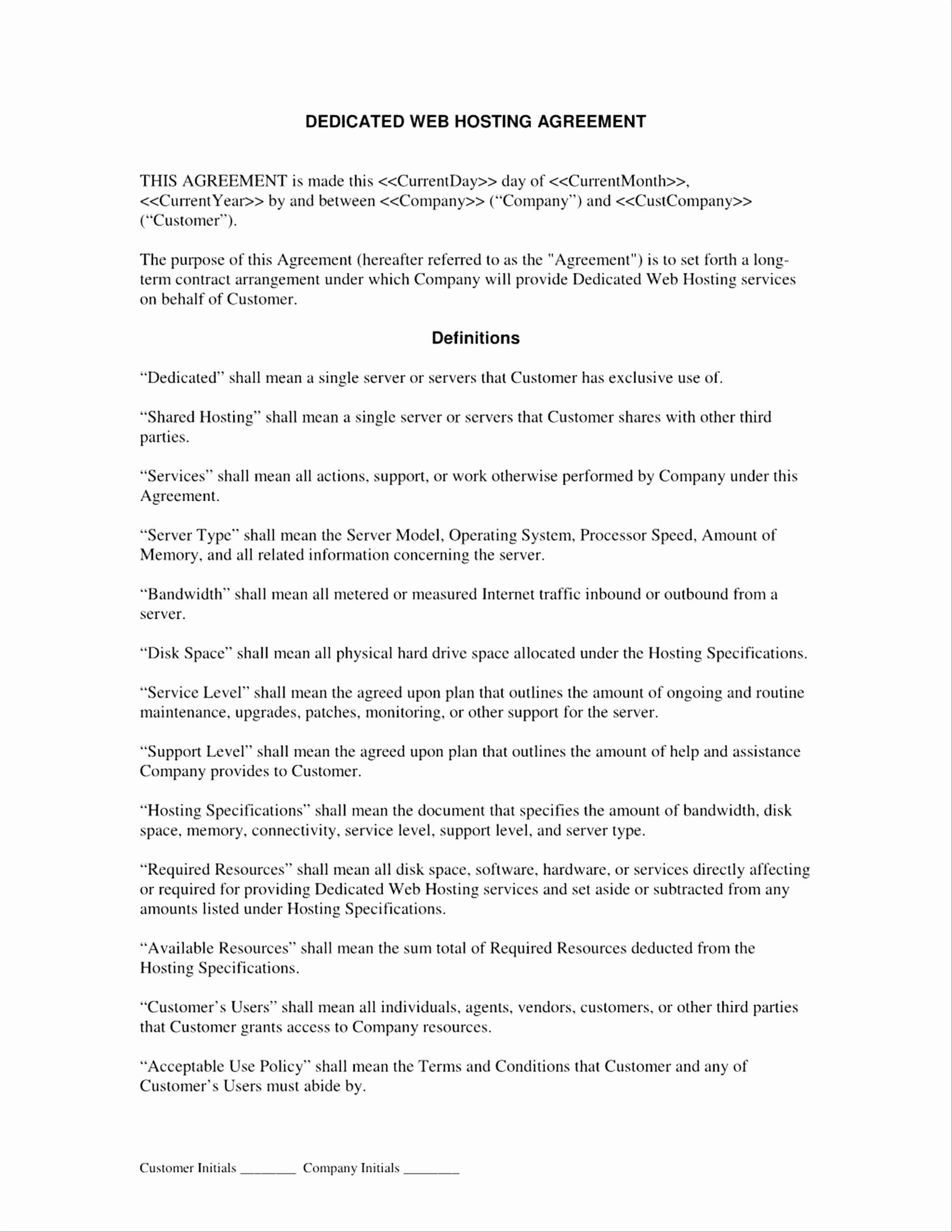 Web Hosting Agreement Template Awesome Contract Document