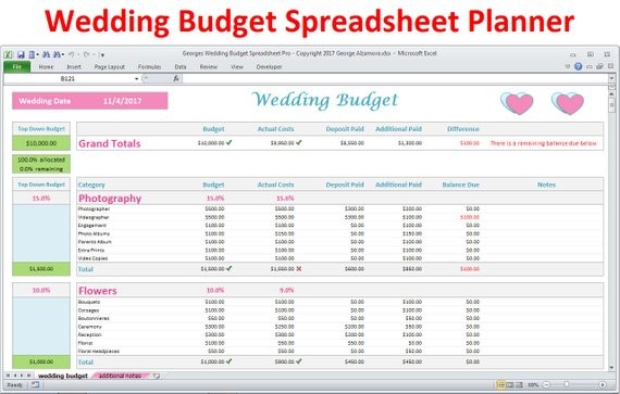 Wedding Planner Budget Template Excel Spreadsheet Etsy Document