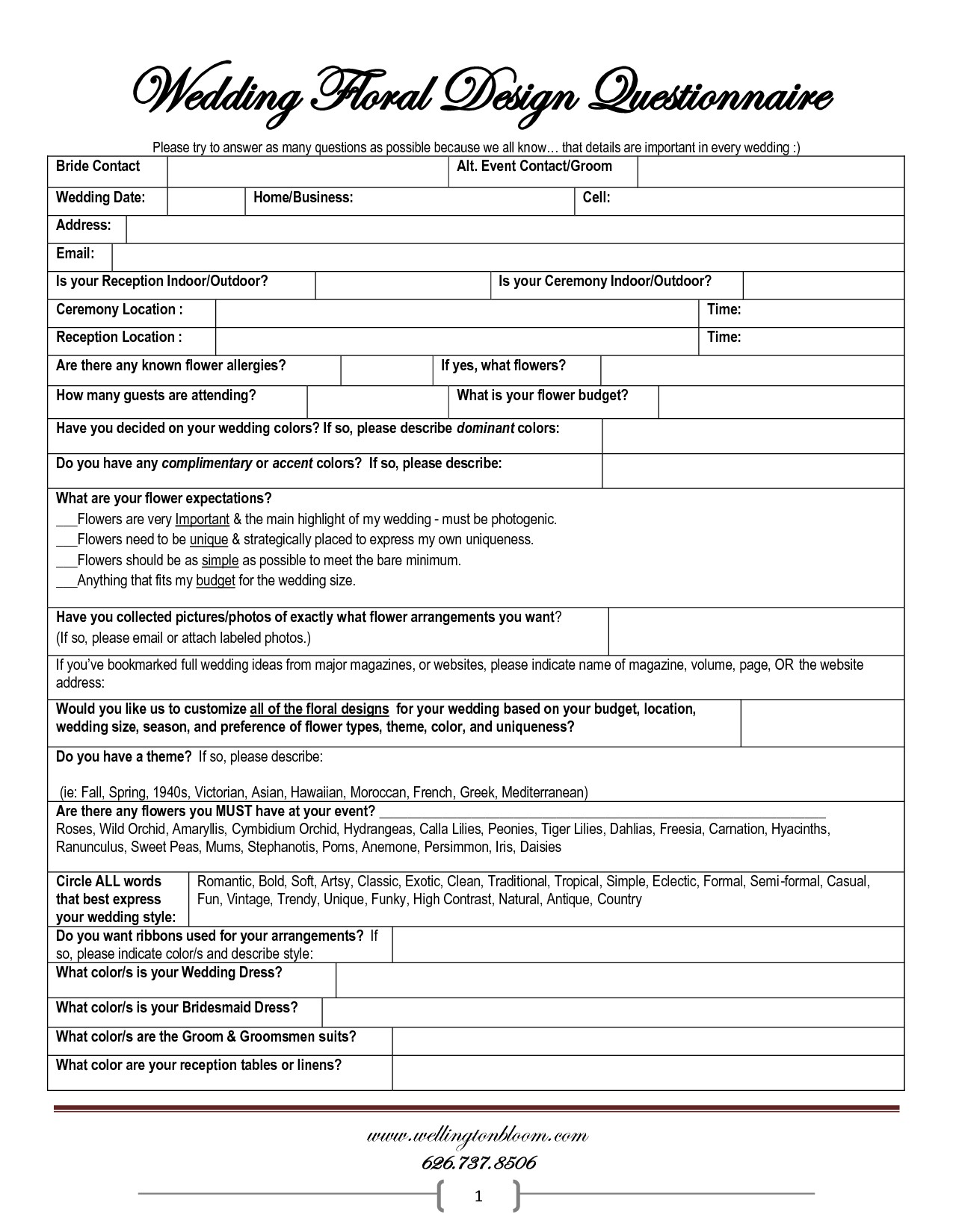 Wedding Planner Questionnaire Template Google Search Document Florist
