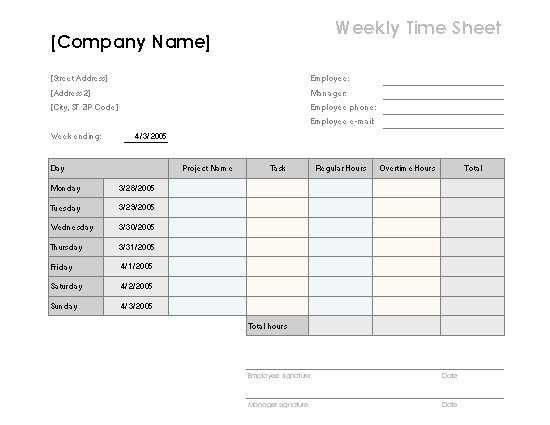 Weekly Time Sheet With Tasks And Overtime Document Excel Timesheet