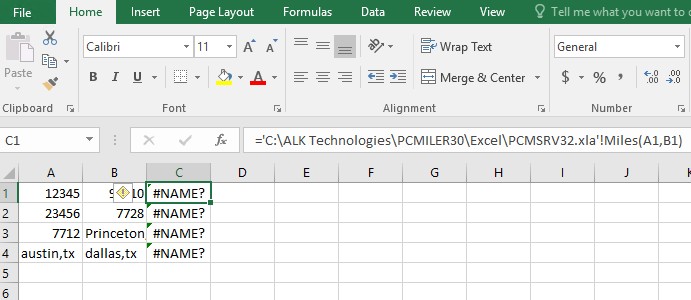 Why Do Excel Cells Shows NAME When Using PC MILER Spreadsheets Document Pc