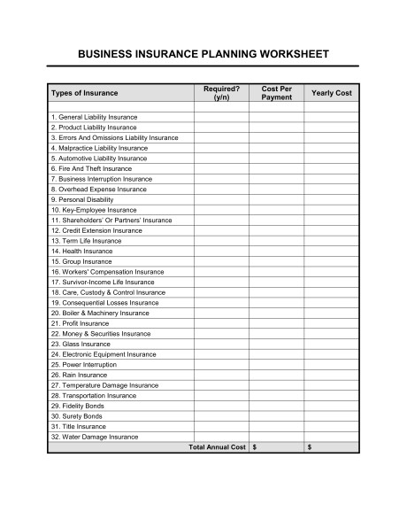 Worksheet Business Insurance Planning Template Sample Form Document Spreadsheet