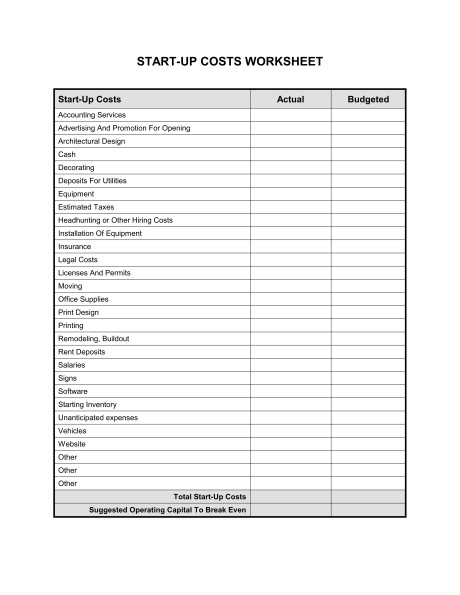 Worksheet Start Up Costs Template Sample Form Biztree Com Document Business Startup Expenses Spreadsheet