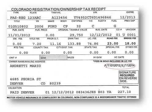 Your Registration Receipt Indicates When Next Emissions Test Is Due Document Colorado Ownership
