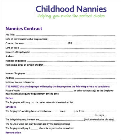 10 Sample Nanny Contract Templates Free Example Format Document Live In Template