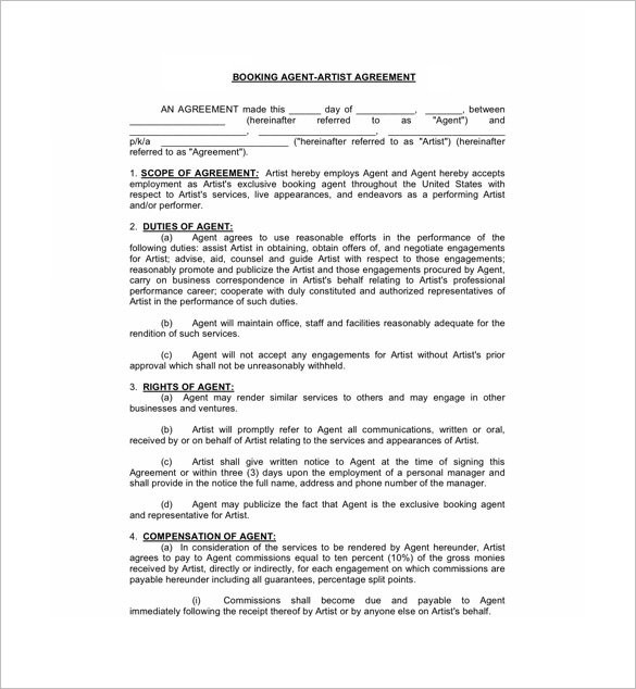 11 Booking Agent Contract Templates Free Word PDF Documents Document Artist Template