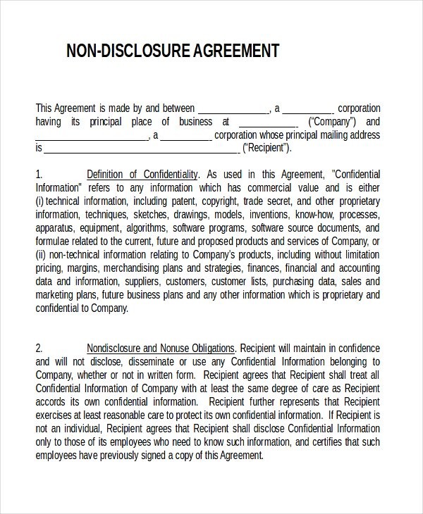 12 Non Disclosure Agreement Templates Free Sample Example Document Generic Template