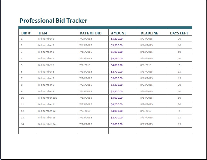 20 Customizable TRACKER TEMPLATES For EXCEL Document Hub Construction Bid Tracking Spreadsheet
