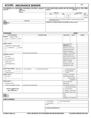 2001 Form Acord 75 Fill Online Printable Fillable Blank PDFfiller Document Insurance Binder