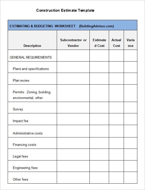 6 Contractor Estimate Templates PDF DOC Free Premium Document Construction Template Excel