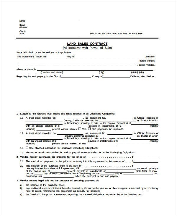 7 Land Contract Forms Free Sample Example Format Document Sale Agreement Form