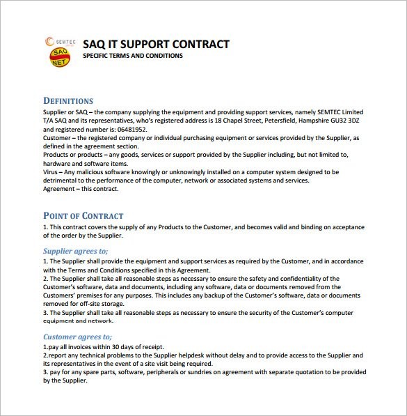 9 IT Support Contract Templates Free Word PDF Documents Download Document It Template