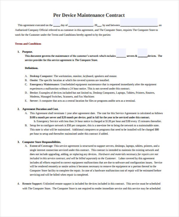 9 Maintenance Contract Templates Free Sample Example Format Document Computer Service