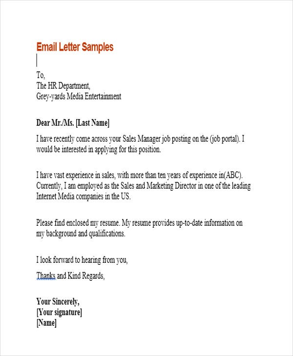 9 Sample Email Application Letters Free Premium S Document Job