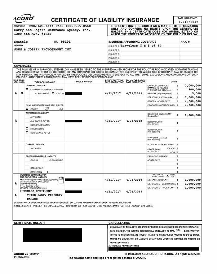 Accord Insurance Form Example John Joseph Photography Inc Document