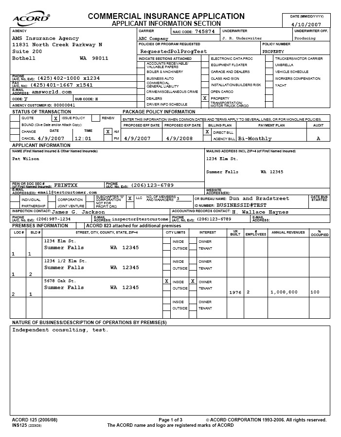 Acord Form 125 Nomane Crewpulse Co Document Insurance