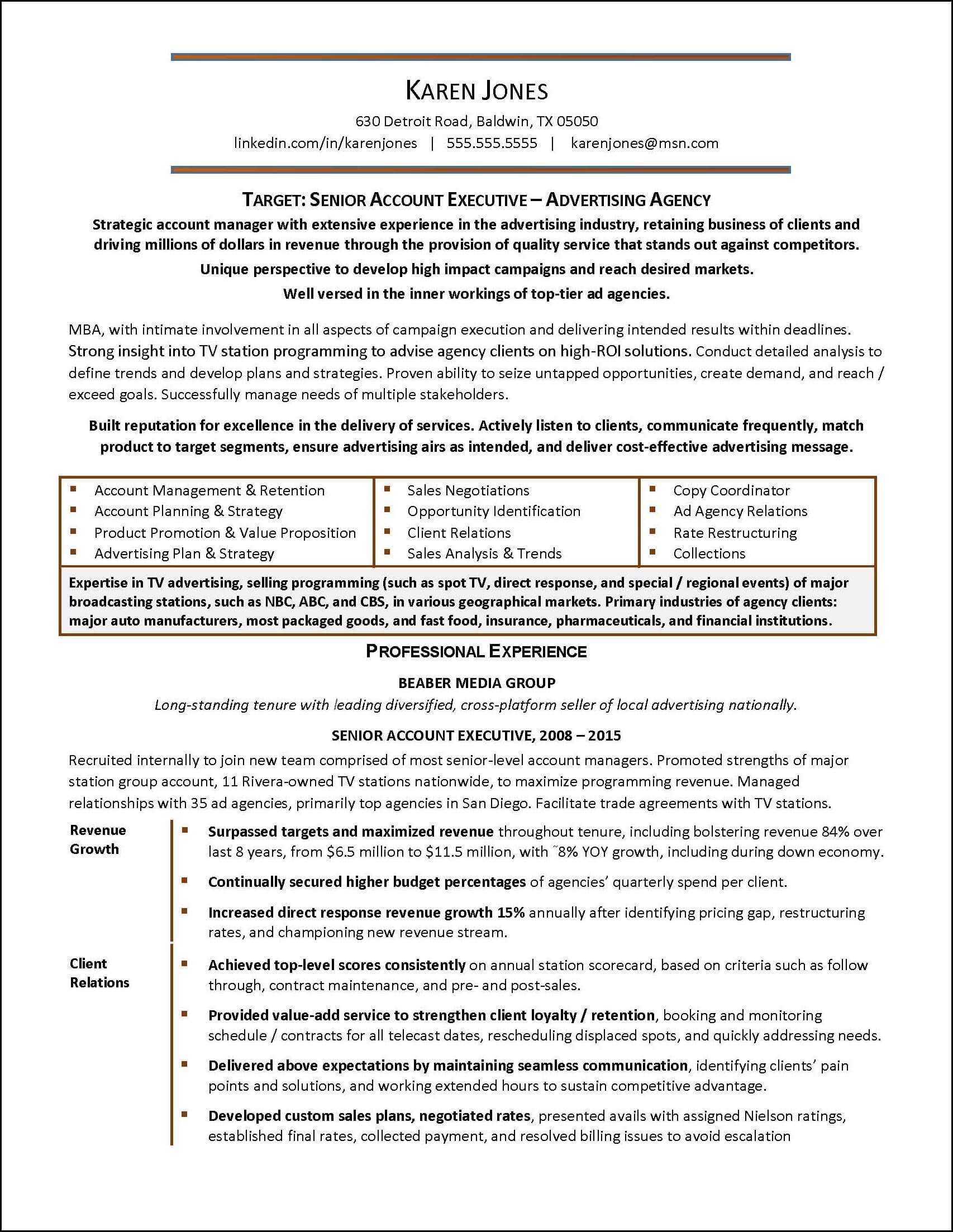 Advertising Agency Example Resume Document