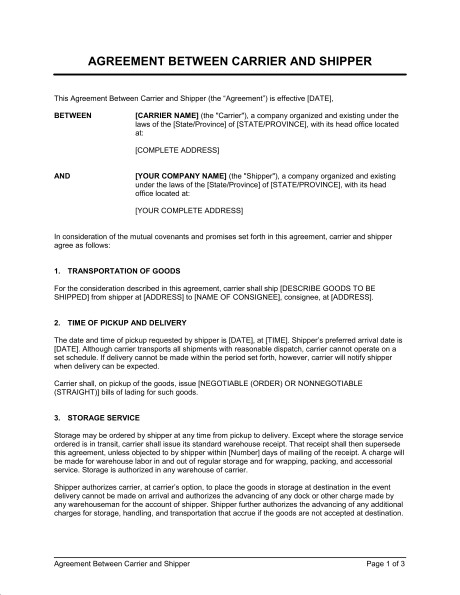 Agreement Between Carrier And Shipper Template Sample Form Document Shipping Contract