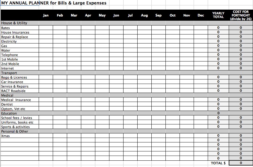 Annual Bill Planning Spreadsheet Jen Owens Document Pay Excel