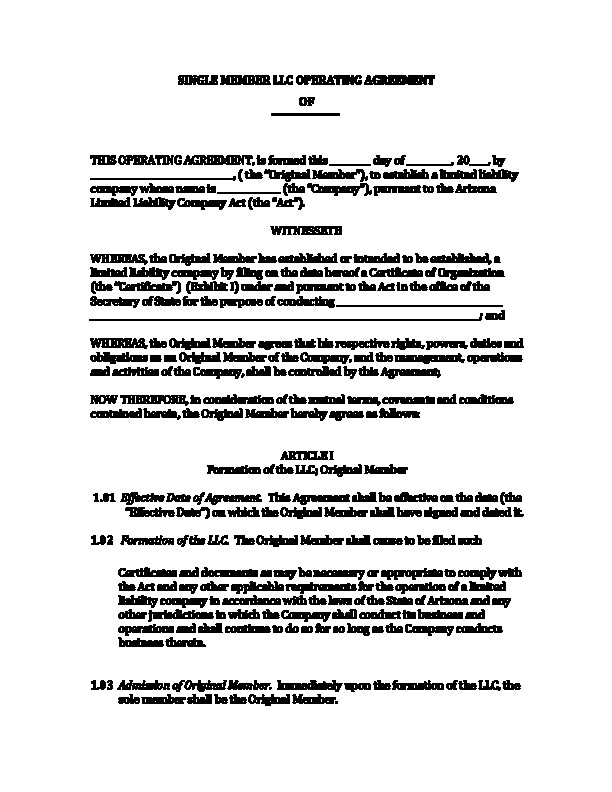 Arizona Llc Operating Agreement Sample Free Single Member Document Template
