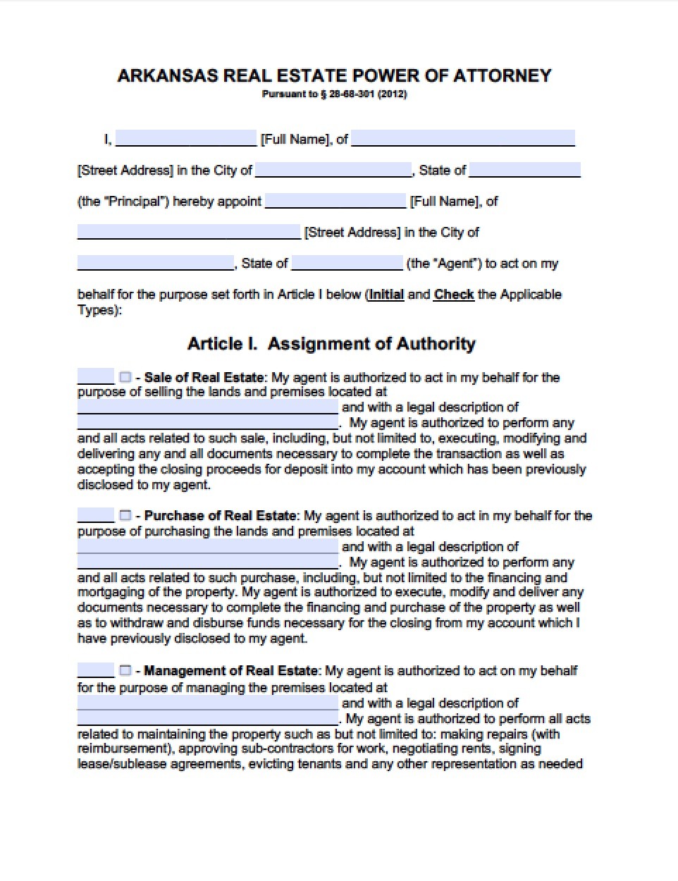 Arkansas Real Estate ONLY Power Of Attorney Form Document