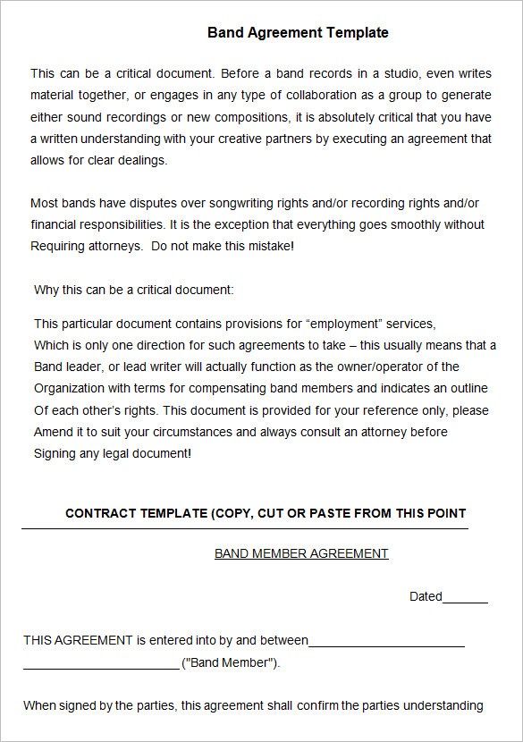 Band Agreement Template Contract 6 Free Word Pdf Document