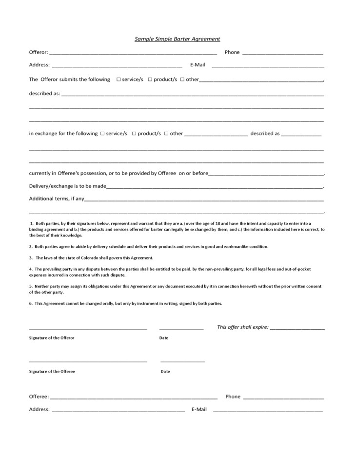 Barter Trade Agreement Template Sample Download Document Free