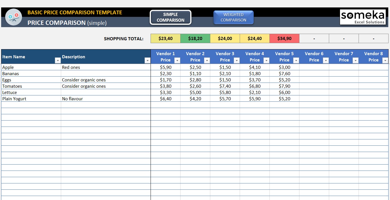Basic Price Comparison Template For Excel Free Download Document Product