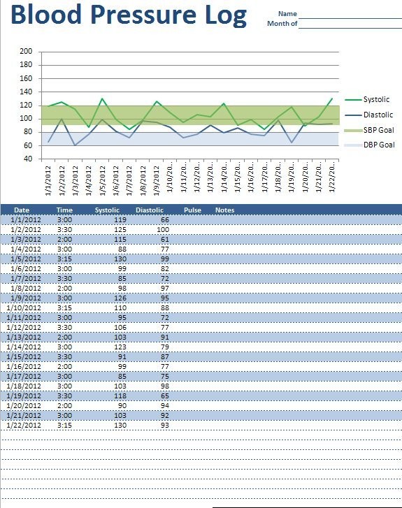 Blood Pressure Log Free Excel Download Document Graphs