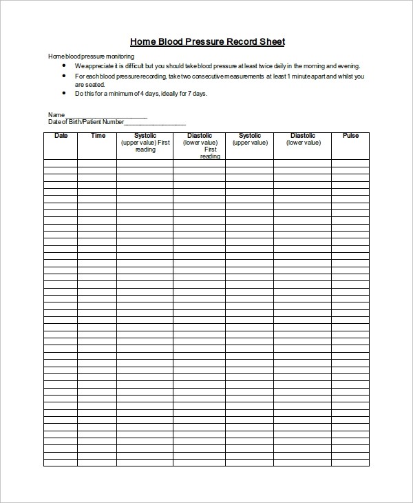 Blood Pressure Log Template 10 Free Word Excel PDF Documents Document Monitoring Chart