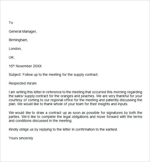 Business Letter Email Template Follow Up Meeting Document Sample After