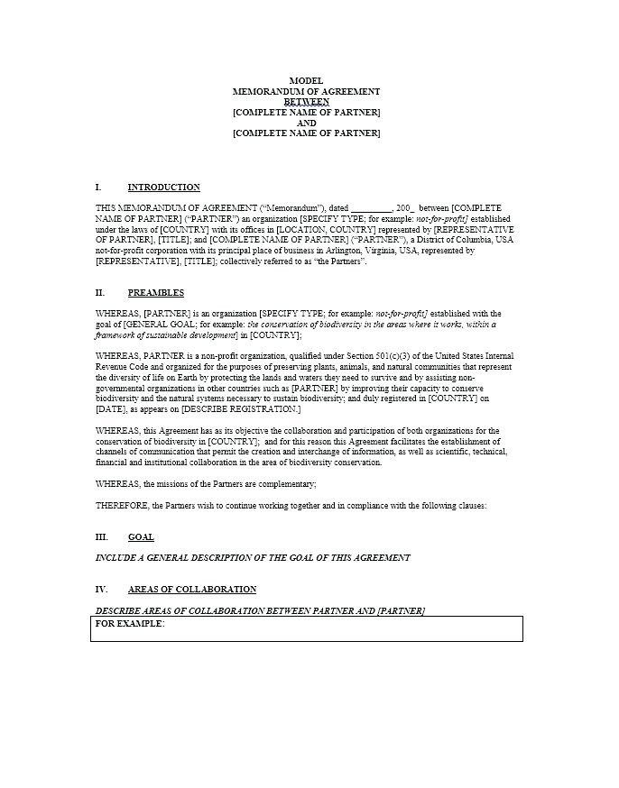 Business Partnership Agreement Template Free Templates General Mou Document